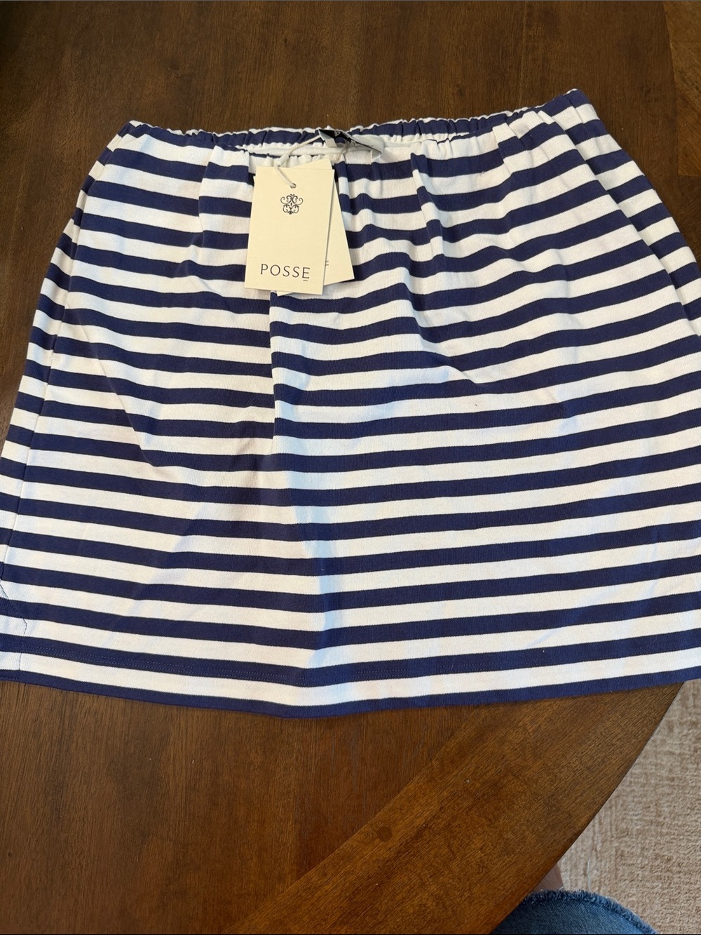 Posse Navy and White Striped Elastic Waist Skirt